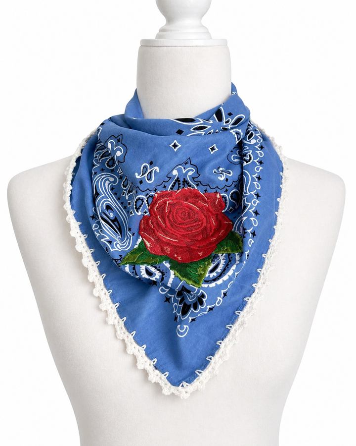 Bandana styled on mannequin neck blue paisley rose embroidery
