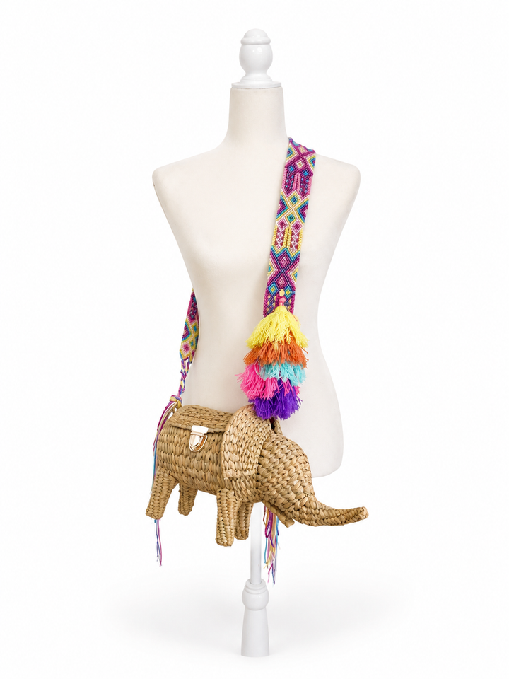 Handmade Elephant Straw Crossbody Bag with Top Handle