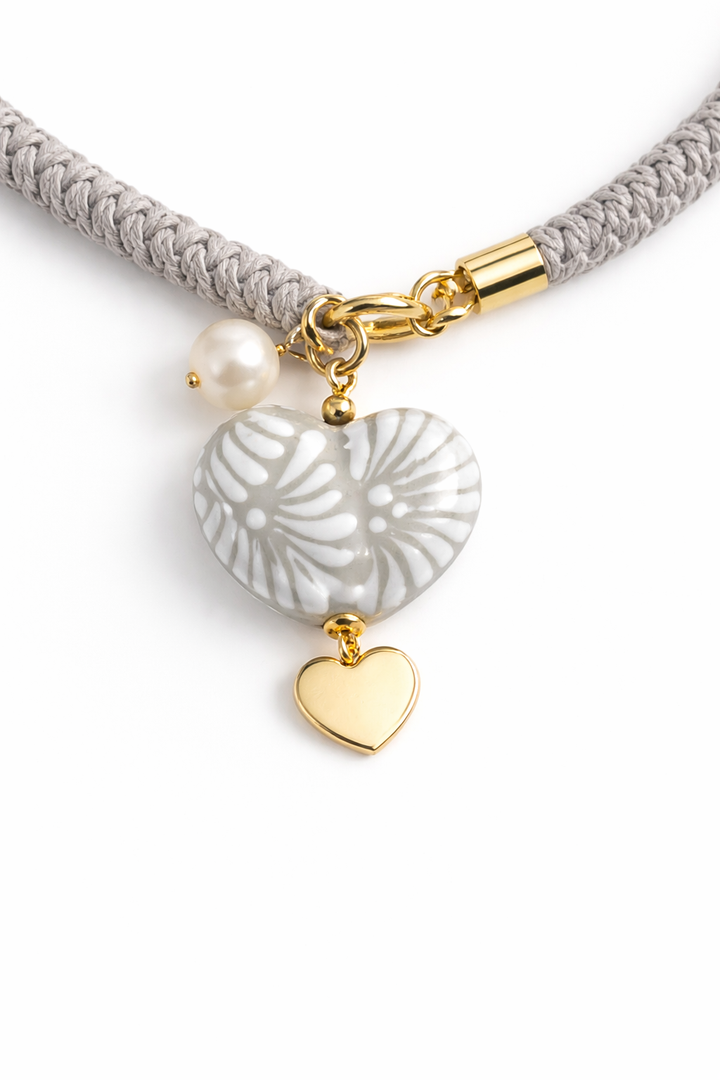 Gray Talavera Heart Pendant Necklace with Pearl