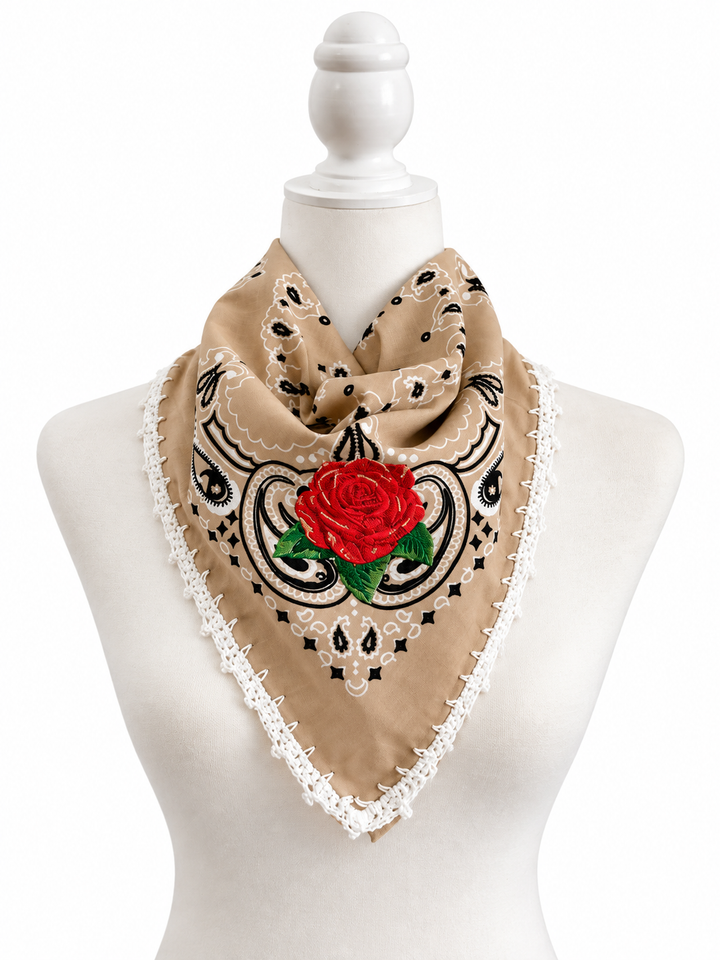 Embroidered Cotton Bandana Blue Paisley Red Rose Crochet Trim Scarf