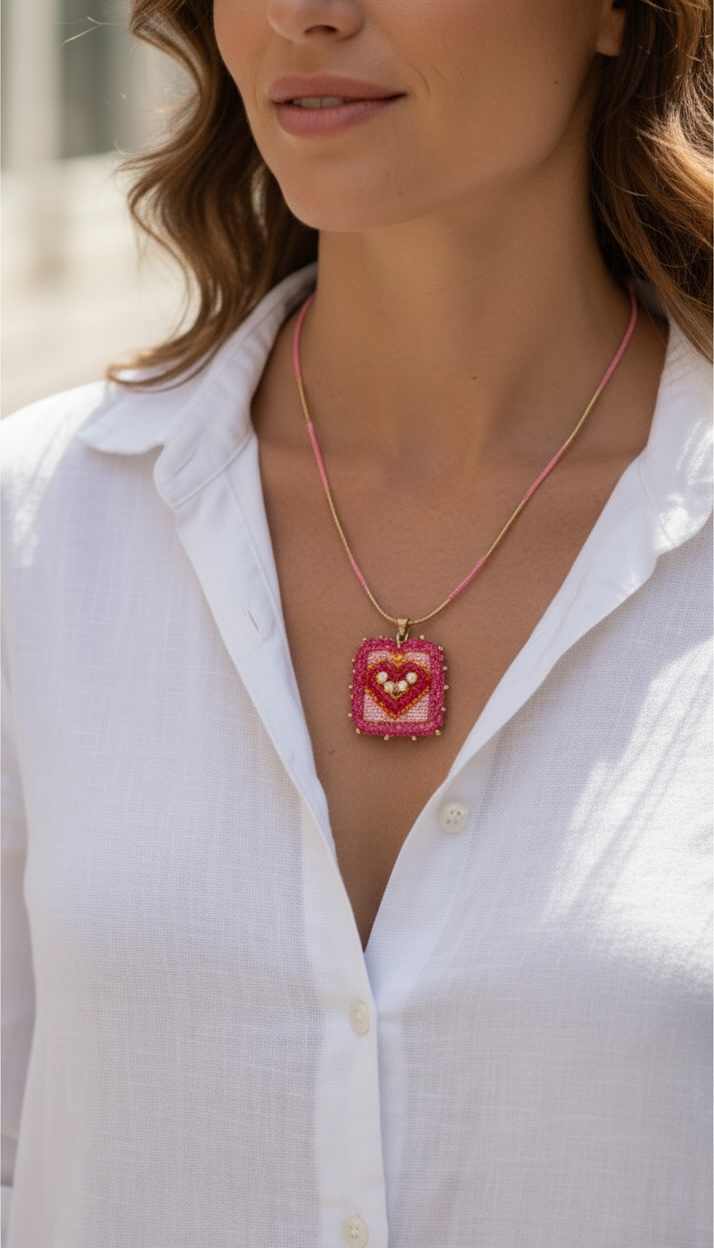 Mexican Milagros Necklace – Hand Embroidered Sacred Heart Jewelry