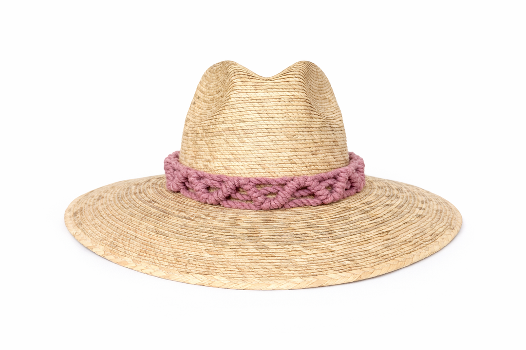 Handmade straw sun hat with decorative macrame band, stylish boho summer hat for beach vacations by Bootsologie on white