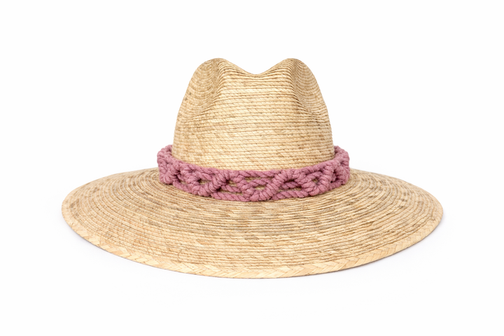 Handmade straw sun hat with decorative macrame band, stylish boho summer hat for beach vacations by Bootsologie on white