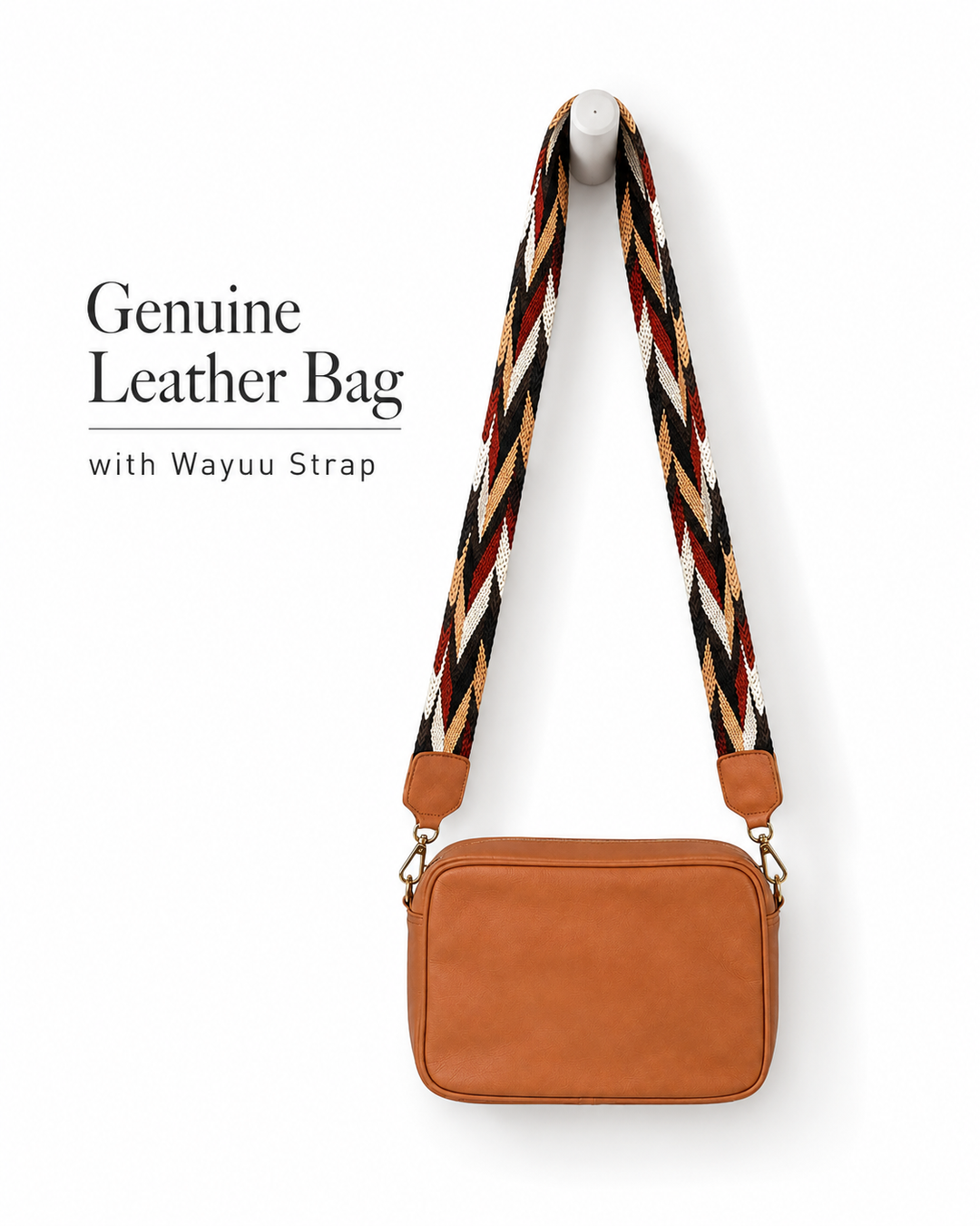  Genuine leather crossbody bag with Wayuu woven strap on white background