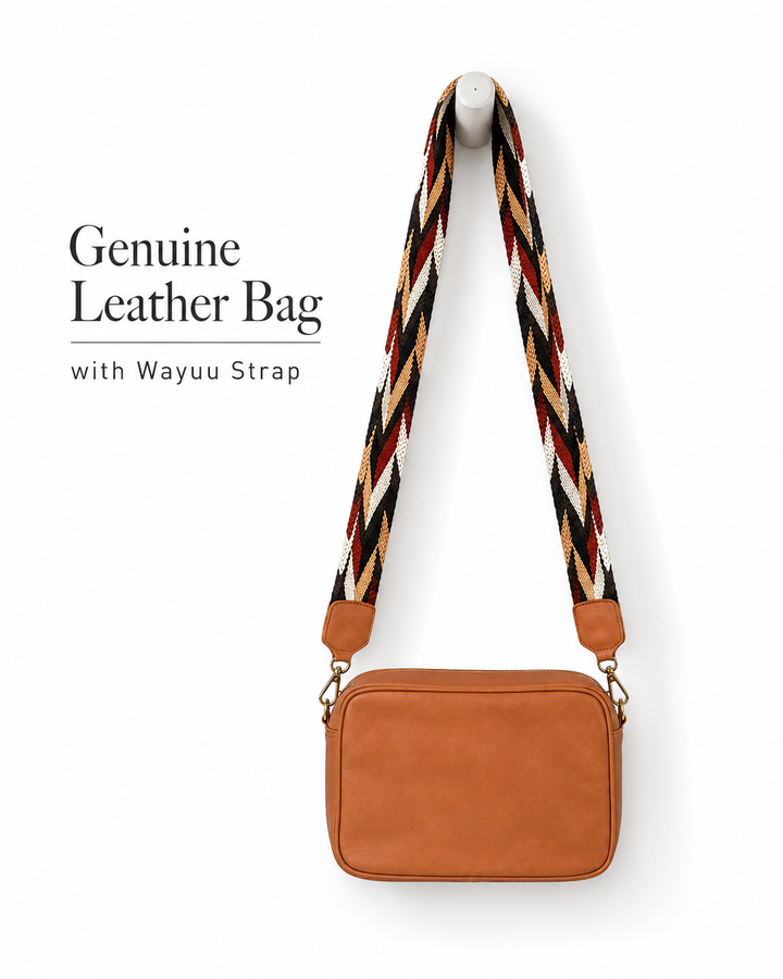  Genuine leather crossbody bag with Wayuu woven strap on white background