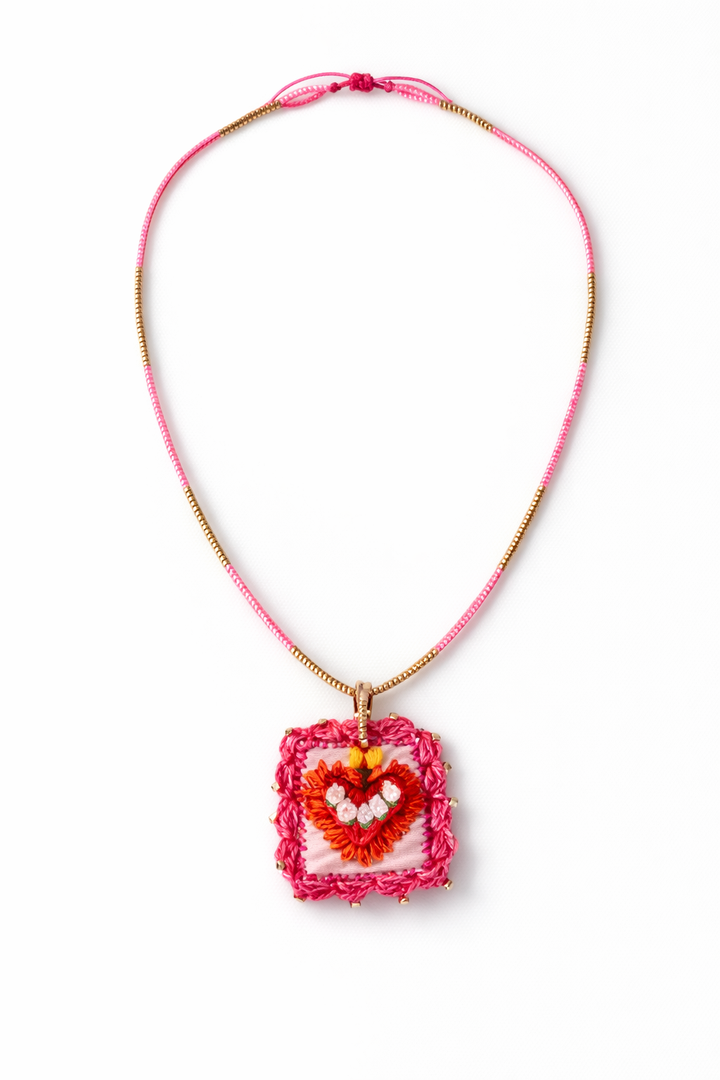 Mexican Milagros Necklace – Hand Embroidered Sacred Heart Jewelry