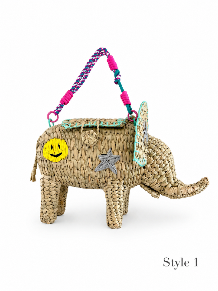 Embroidered Elephant Straw Crossbody Bag