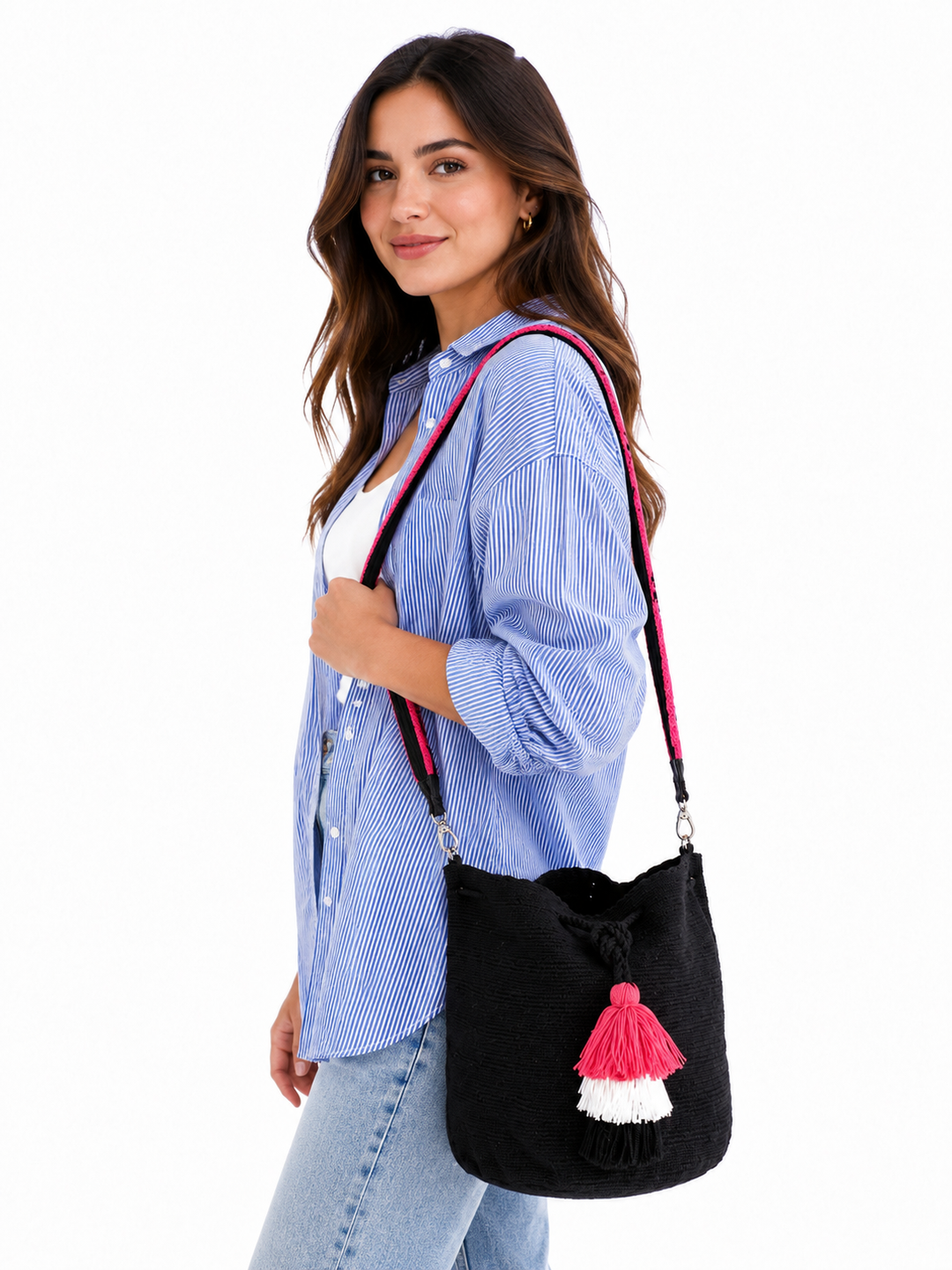 Black Wayuu Mochila Bag with Eye Motif Strap