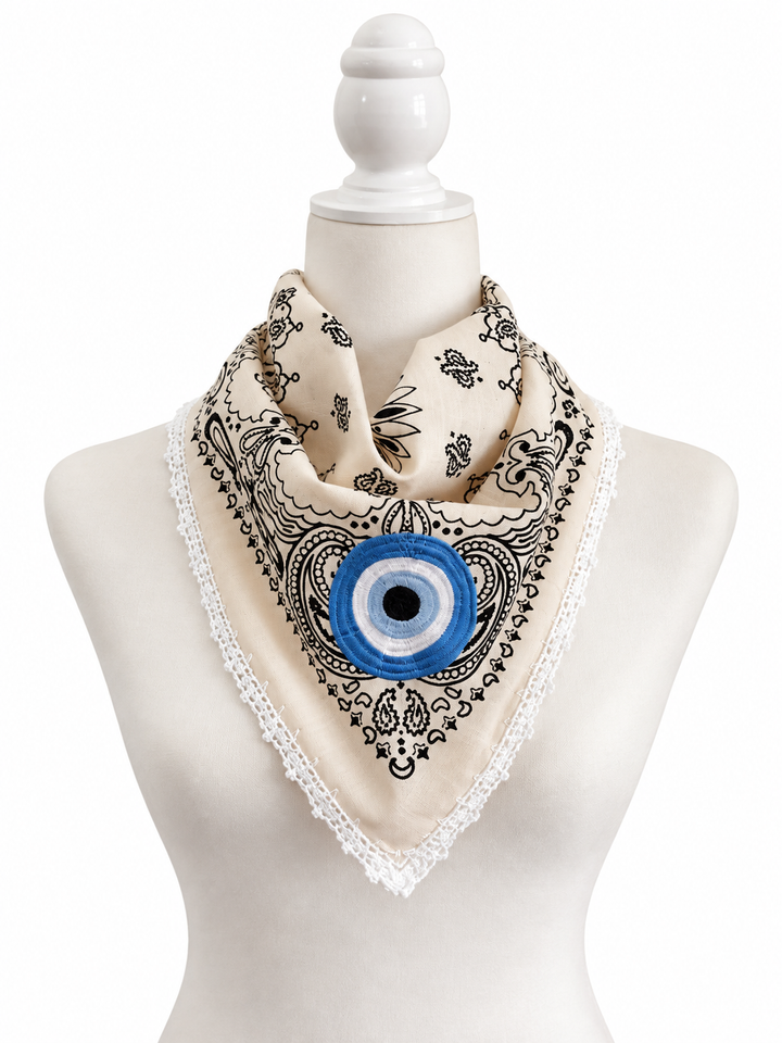 Embroidered Evil Eye Bandana – Cotton Paisley Scarf with Crochet Trim
