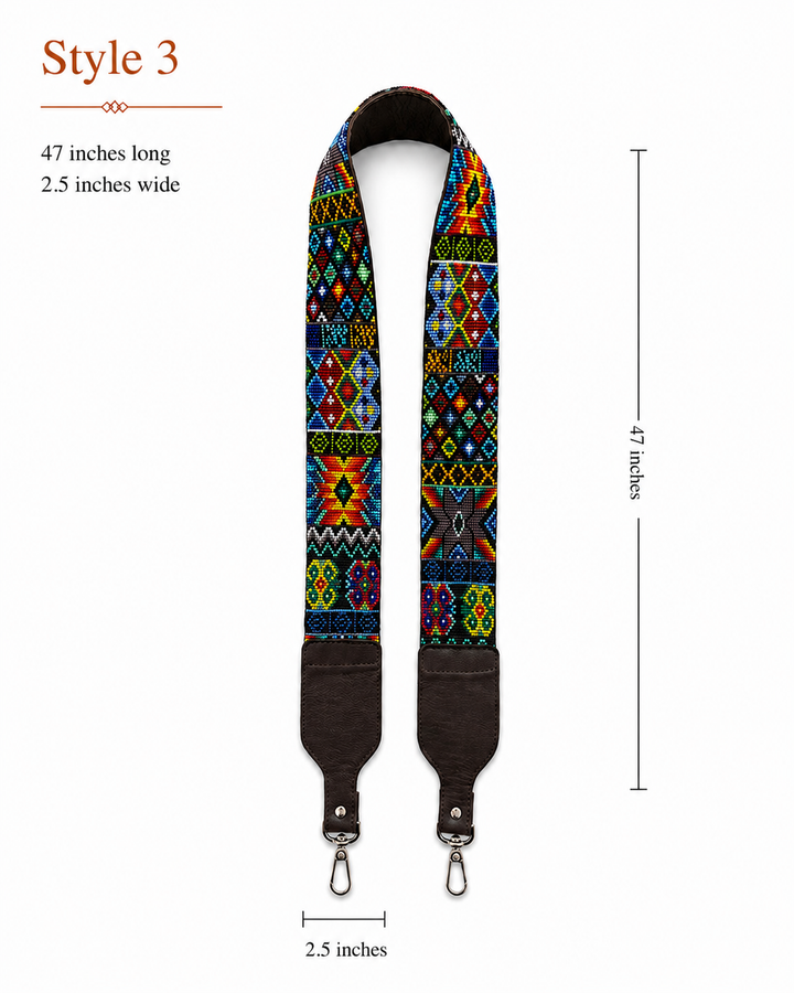 Huichol Beaded Purse Strap with Genuine Brown Leather