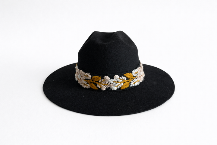 Women’s Wool Felt Fedora Hat with Hand Embroidered Band | Boho Wide Brim Hat