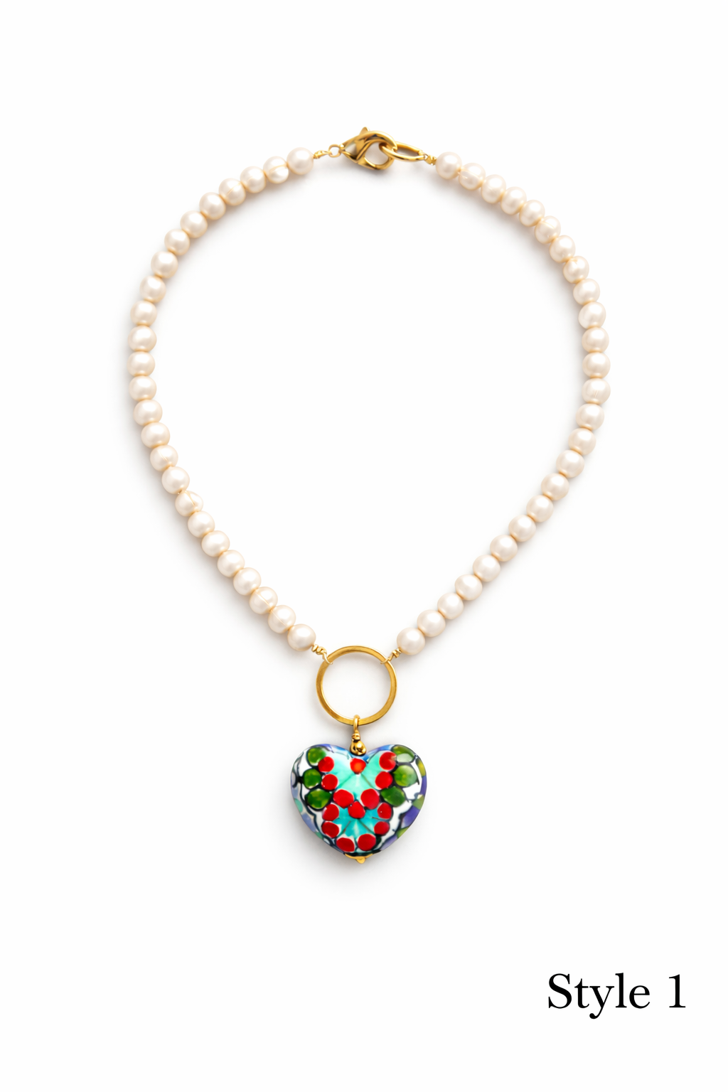 Pearl Necklaces with Talavera Heart Pendants