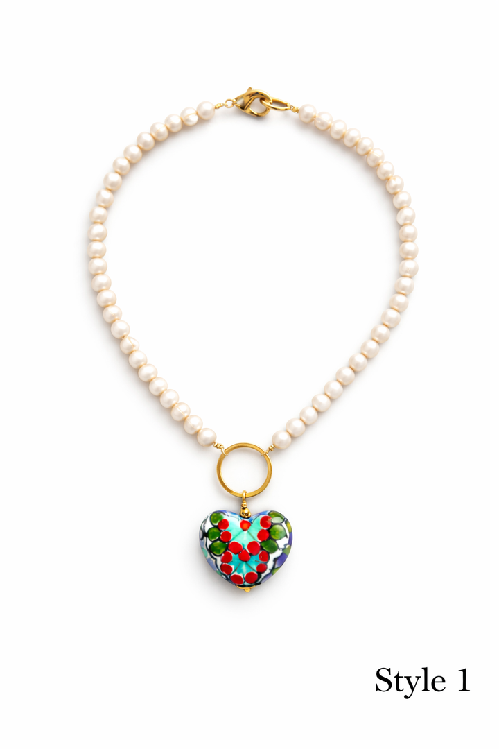 Pearl Necklaces with Talavera Heart Pendants