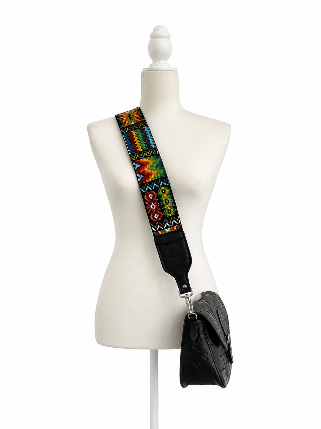Huichol Beaded Purse Strap with Genuine Black Leather