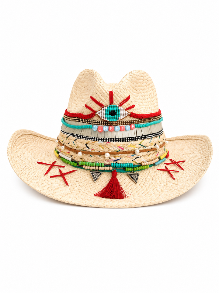 Luxury White Colombian Evil Eye Straw Hat