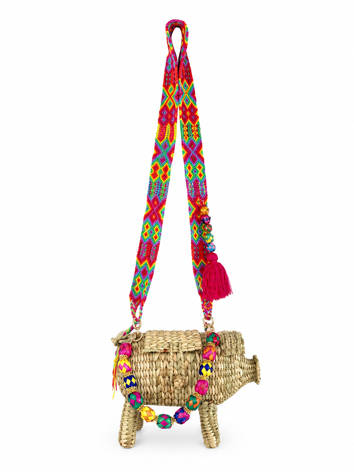 Pig Palm Crossbody Bag – Handwoven Straw Animal Bag with Woven Strap