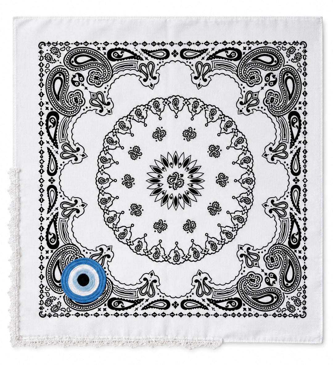 Embroidered Evil Eye Bandana – Cotton Paisley Scarf with Crochet Trim
