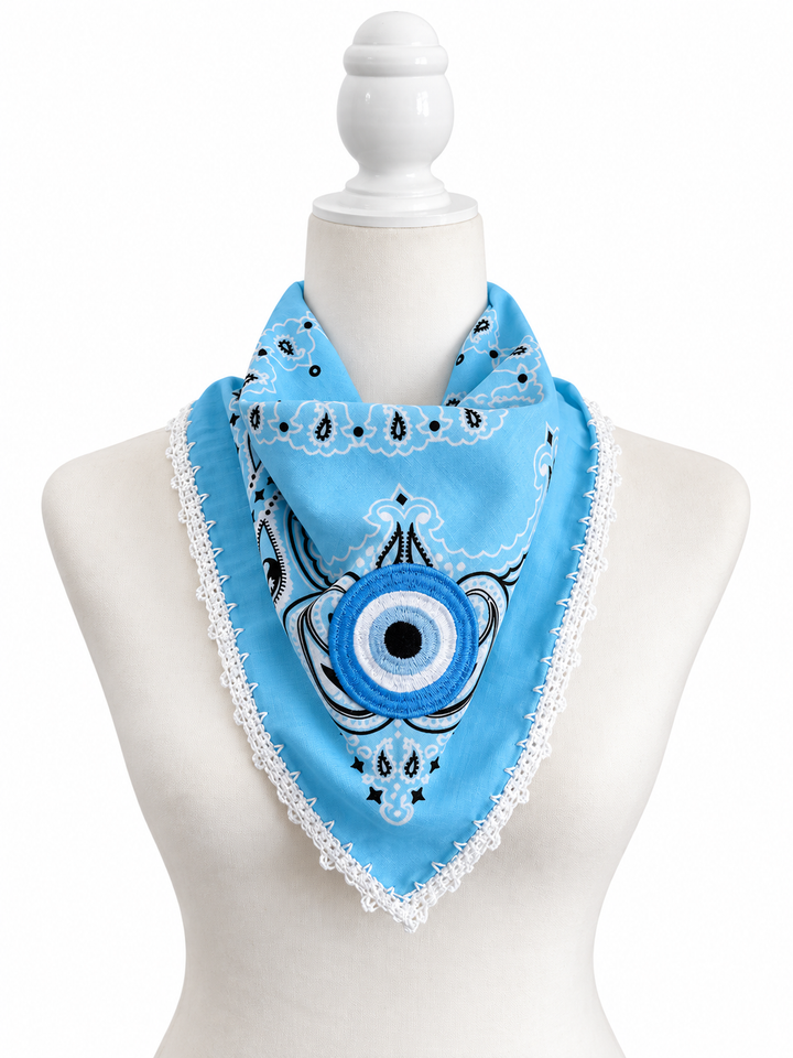 Embroidered Evil Eye Bandana – Cotton Paisley Scarf with Crochet Trim