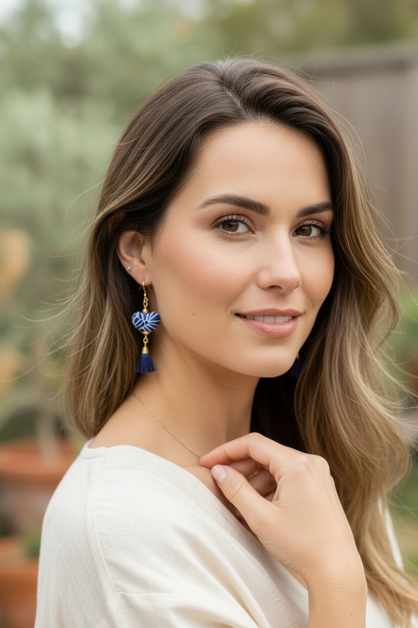 Handmade Blue Talavera Heart Earrings with Tassels from Puebla Mexico