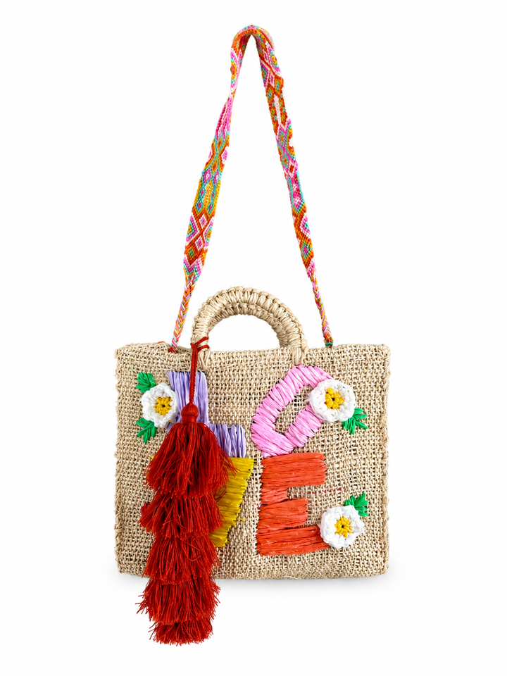 Handmade Mexican beach tote bag with colorful strap, embroidered LOVE design and boho vacation style