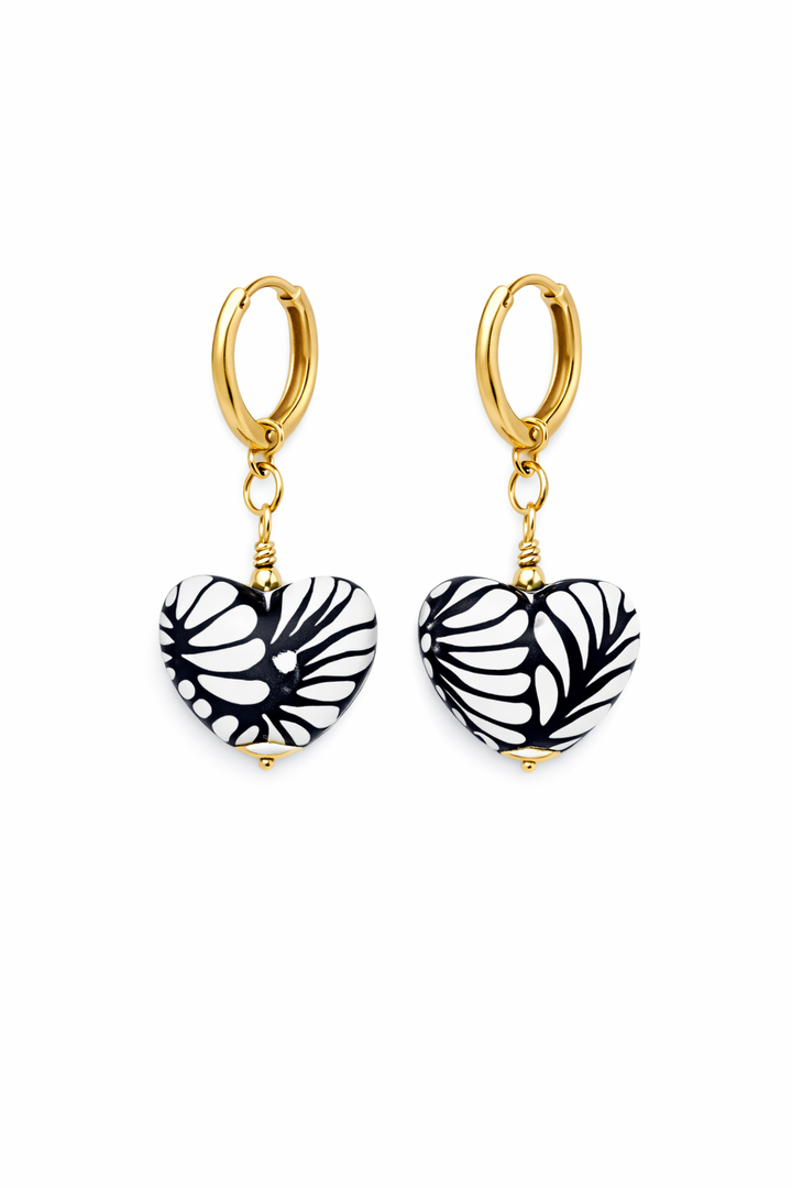 Handmade Black Talavera Heart Earrings from Puebla