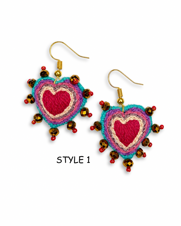 Hand Embroidered Sacred Heart Earrings – Mexican Milagros Boho Statement Earrings