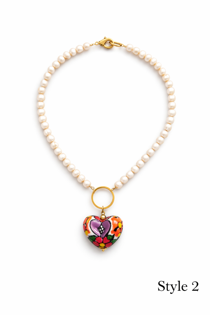 Pearl Necklaces with Talavera Heart Pendants
