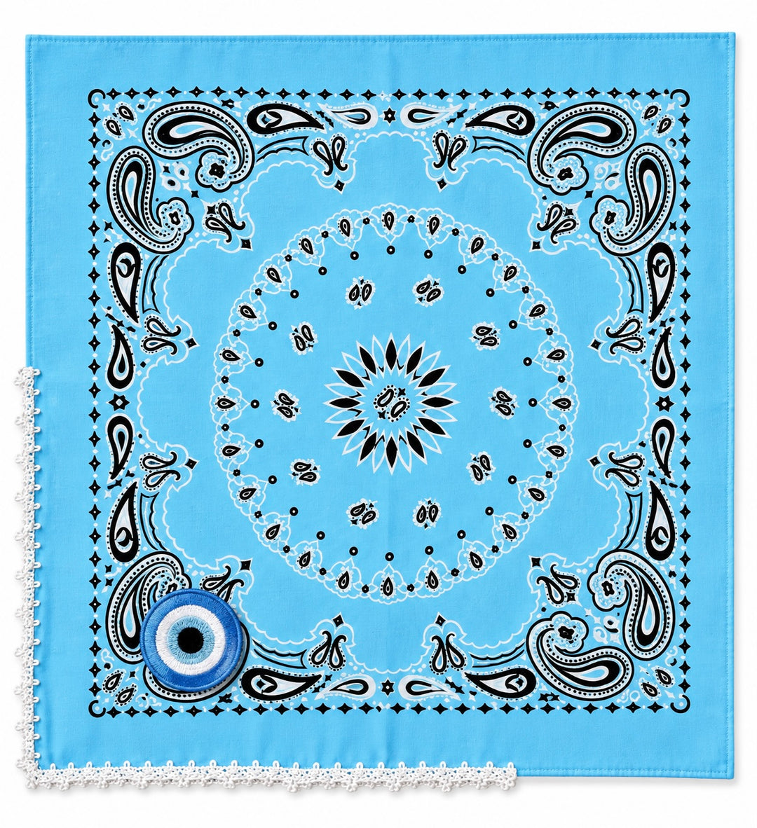 Embroidered Evil Eye Bandana – Cotton Paisley Scarf with Crochet Trim