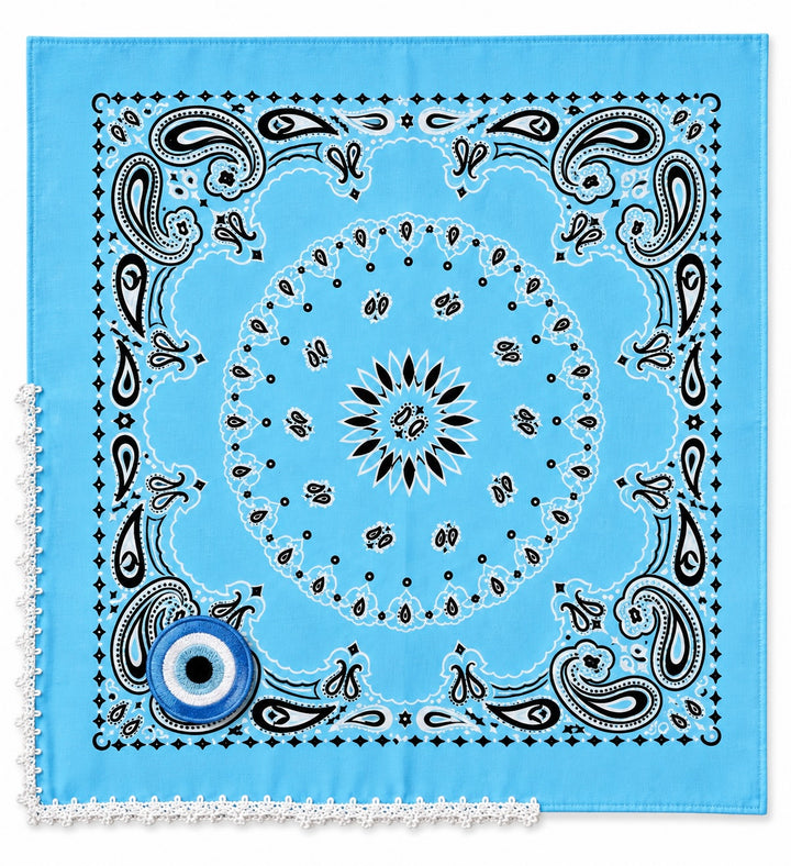 Embroidered Evil Eye Bandana – Cotton Paisley Scarf with Crochet Trim