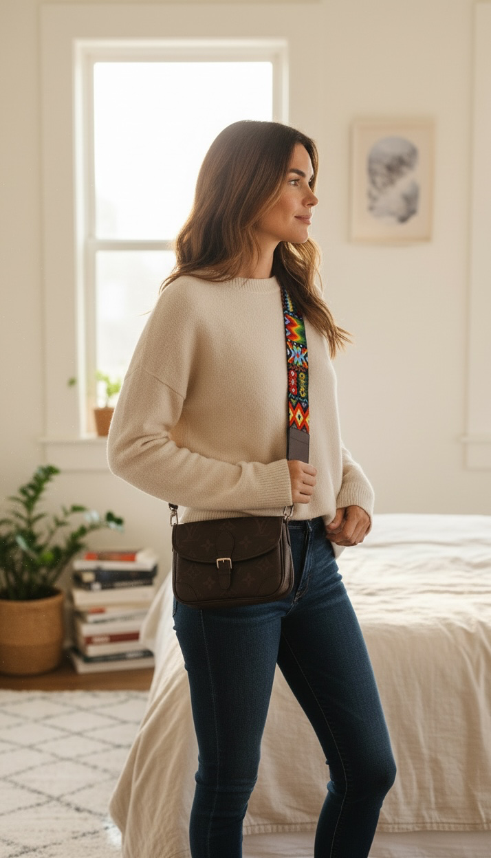 Huichol Beaded Purse Strap with Genuine Brown Leather