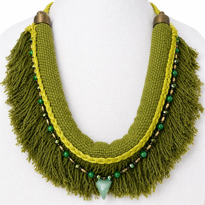 Boho Fringe Statement Necklace – Handmade Textile Bib Necklace