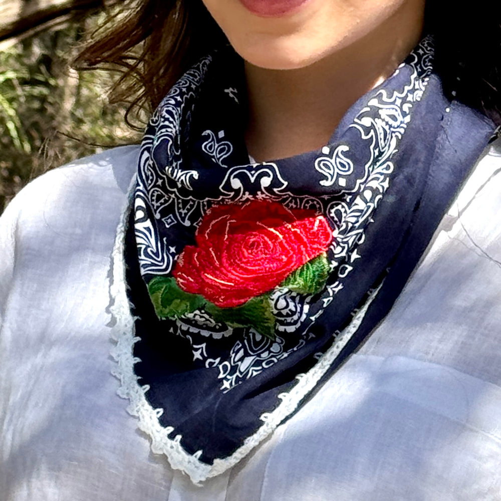 Handmade embroidered cotton bandana blue paisley red rose Bootsologie