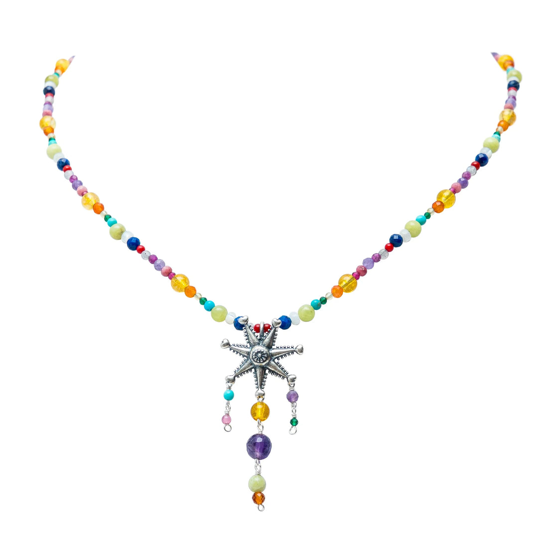 Mexican Silver .925 piñata gemstone necklace with colorful natural beads on white background