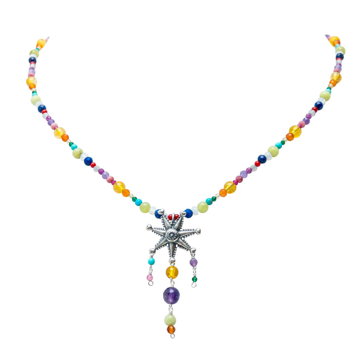 Mexican Silver .925 piñata gemstone necklace with colorful natural beads on white background