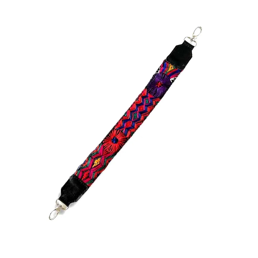 Guatemalan short bag strap leather handle handmade colorful woven textile strap Bootsologie artisan bag accessory
