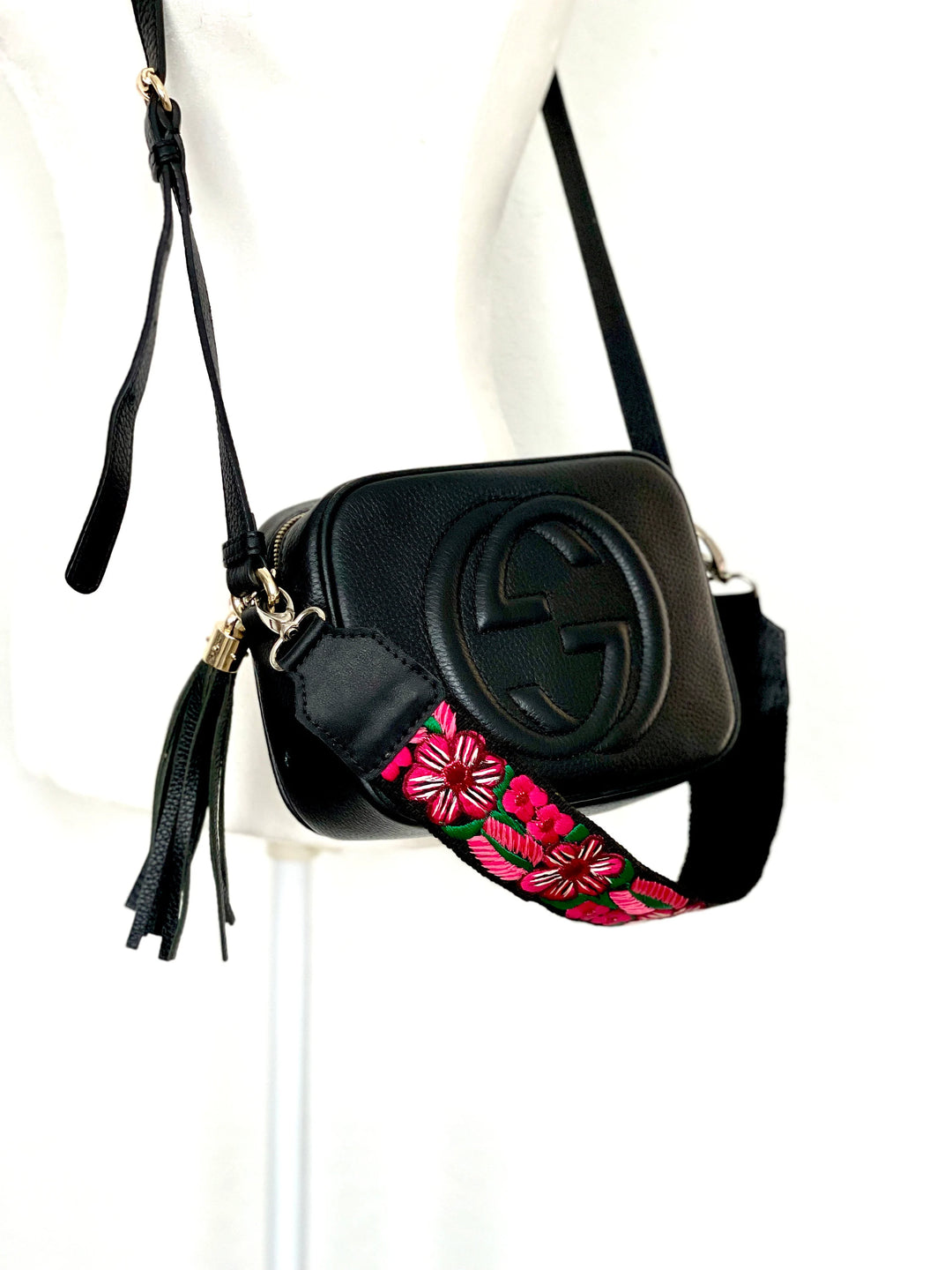 Black handbag with pink floral Guatemalan huipil strap leather ends artisan bag upgrade exclusively by Bootsologie