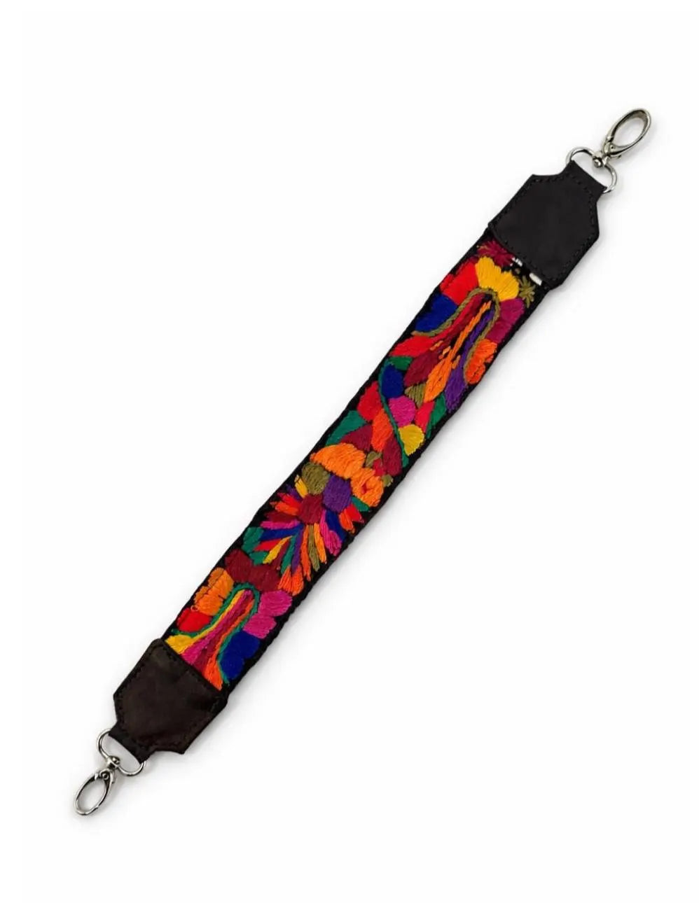 Handmade Guatemalan huipil bag strap vibrant floral embroidery leather ends artisan accessory exclusively by Bootsologie