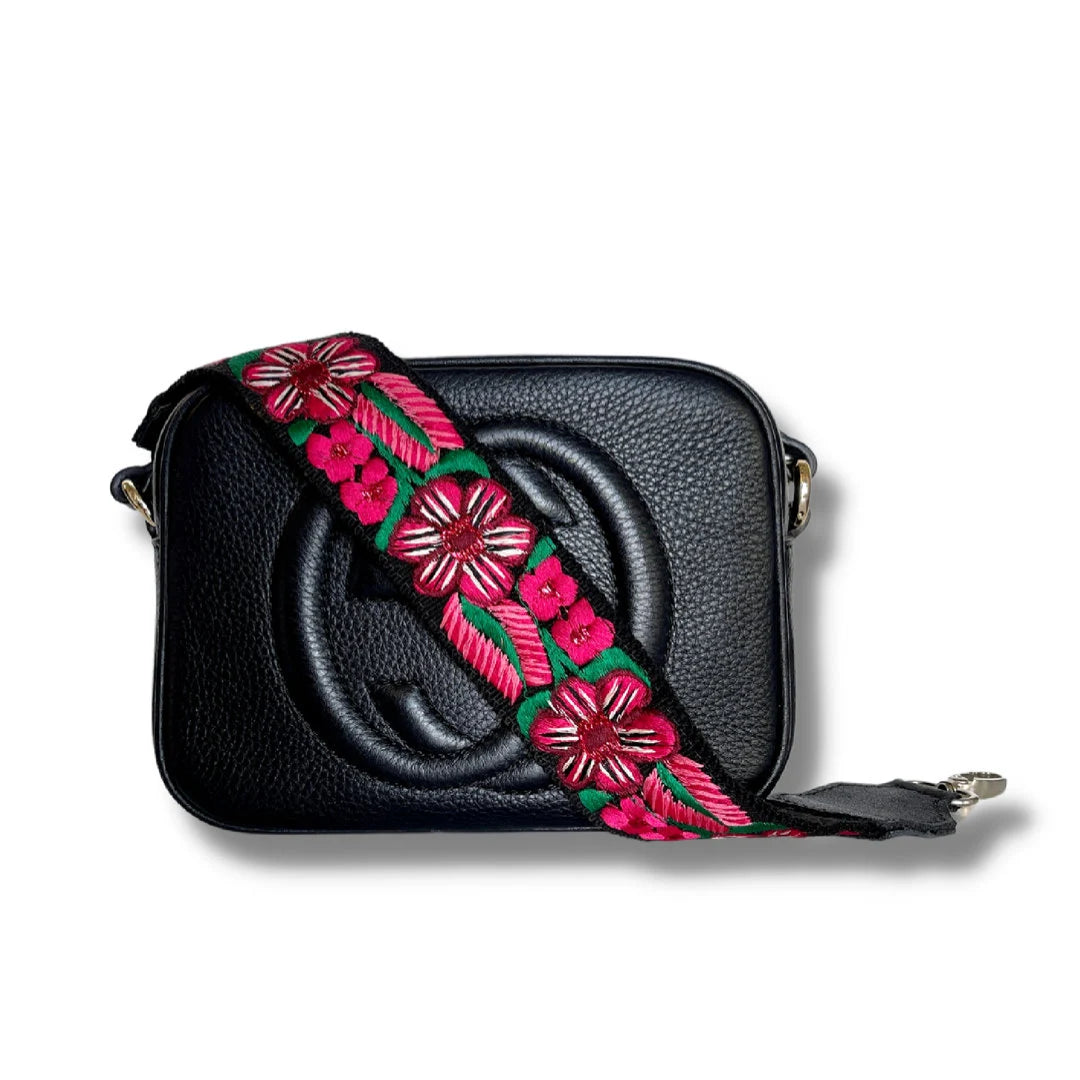 Black handbag with red floral Guatemalan huipil strap artisan woven textile purse handle exclusively by Bootsologie