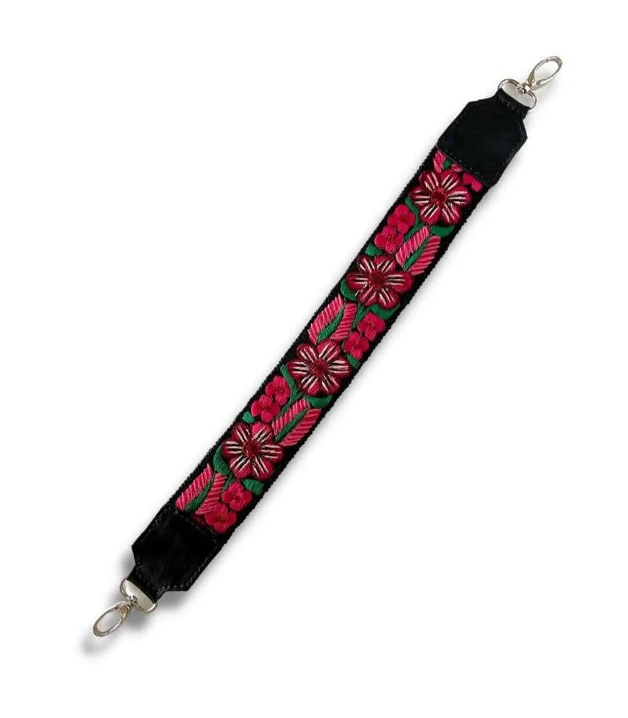 Style 5 Guatemalan embroidered strap black base red flowers artisan huipil textile bag accessory exclusively by Bootsologie