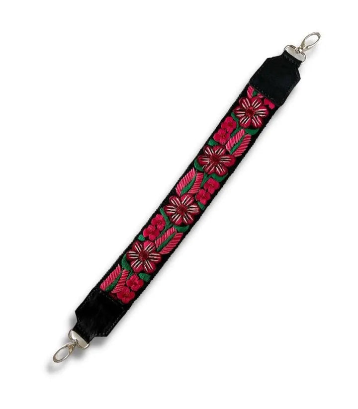 Style 5 Guatemalan embroidered strap black base red flowers artisan huipil textile bag accessory exclusively by Bootsologie