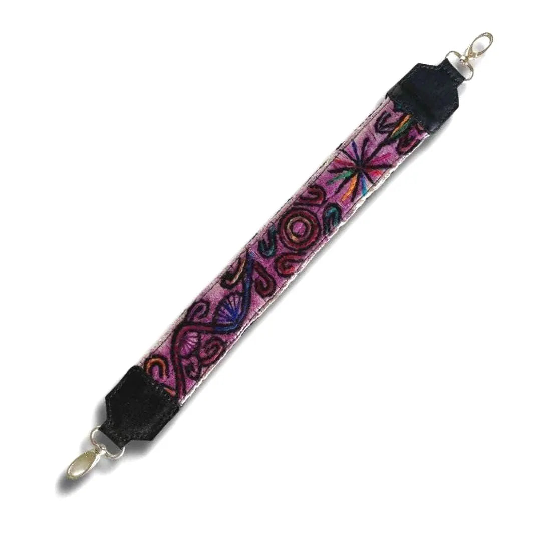 Handmade Guatemalan huipil bag strap vibrant floral embroidery leather ends artisan accessory exclusively by Bootsologie