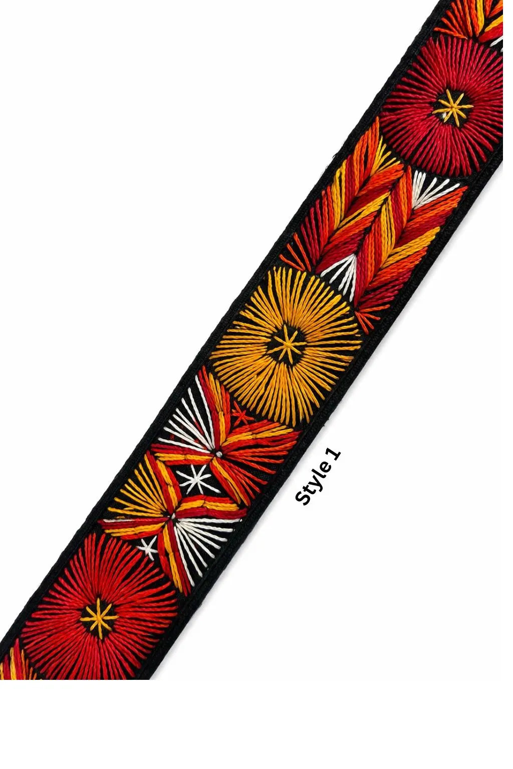 Close up of Guatemalan woven textile strap vibrant colors handmade artisan craftsmanship leather details Bootsologie