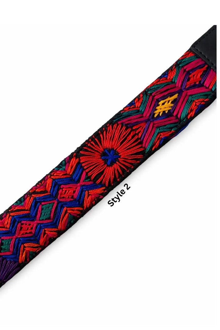 Close up of Guatemalan woven textile strap vibrant colors handmade artisan craftsmanship leather details Bootsologie