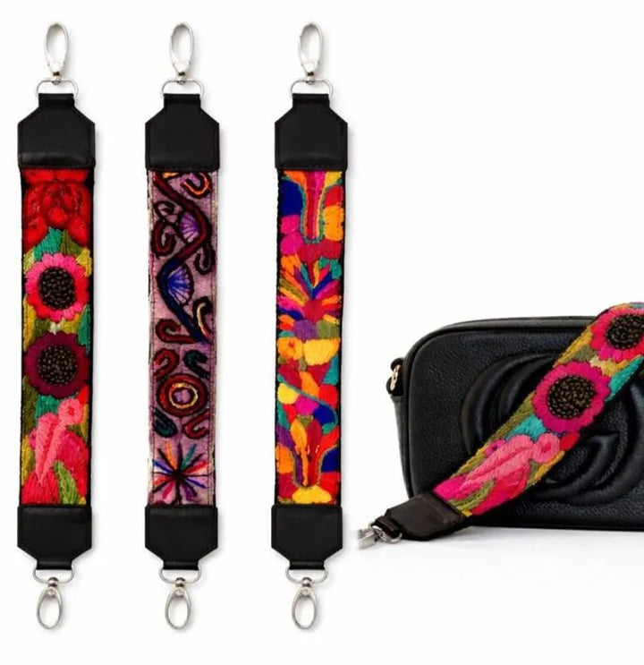 Vintage Guatemalan huipil bag straps embroidered textile purse handles with leather ends artisan made exclusively by Bootsologie