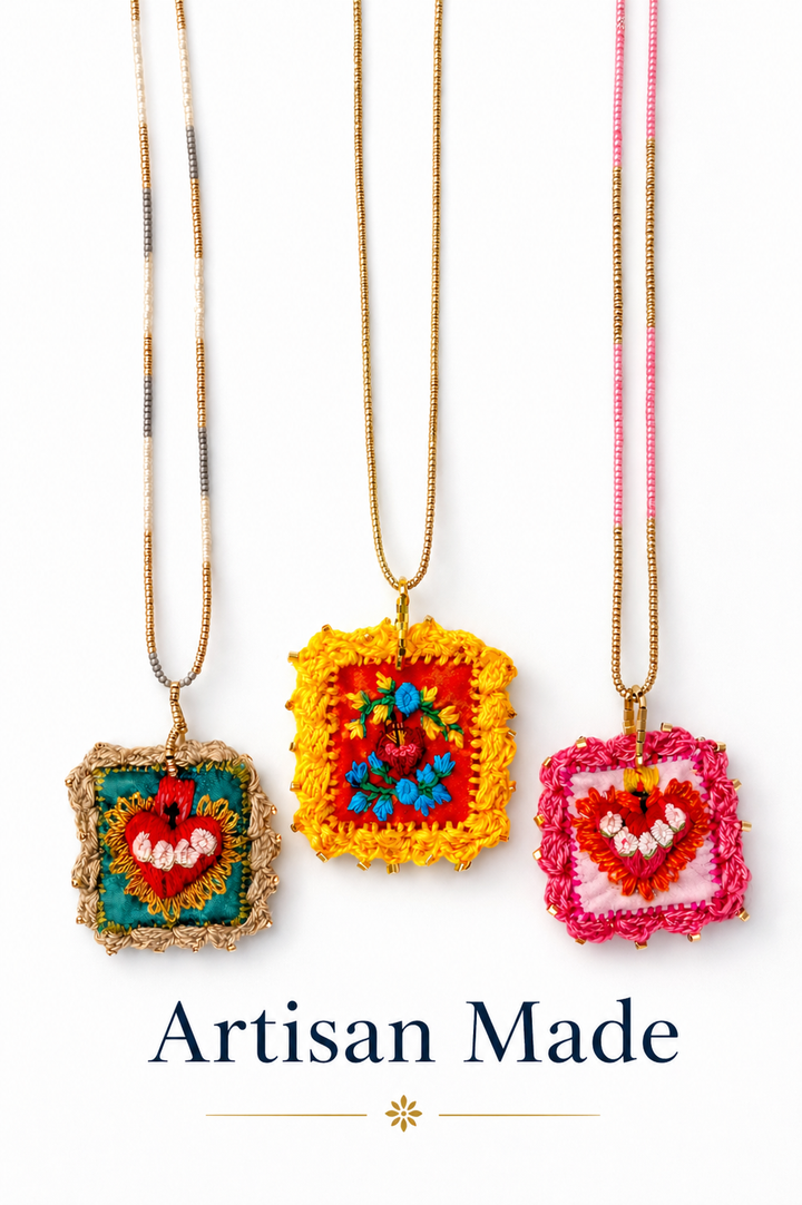 Mexican Milagros Necklace – Hand Embroidered Sacred Heart Jewelry