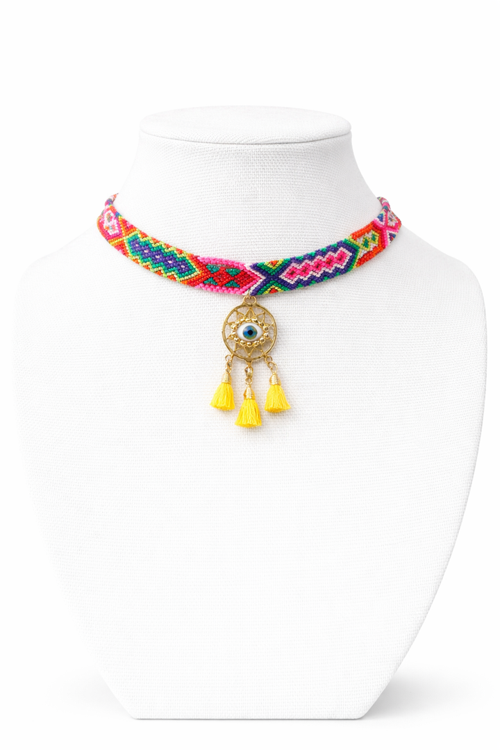 Dream Catcher and Evil Eye Necklace. Hand Woven in Chiapas.