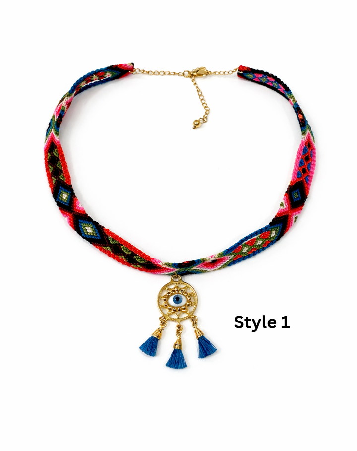 Dream Catcher and Evil Eye Necklace. Hand Woven in Chiapas.