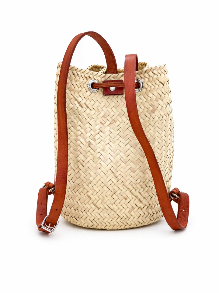 Evil Eye Embroidered Straw Backpack with Adjustable Leather Straps