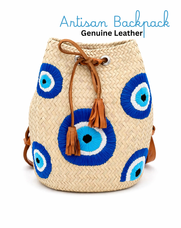 Evil Eye Embroidered Straw Backpack with Adjustable Leather Straps
