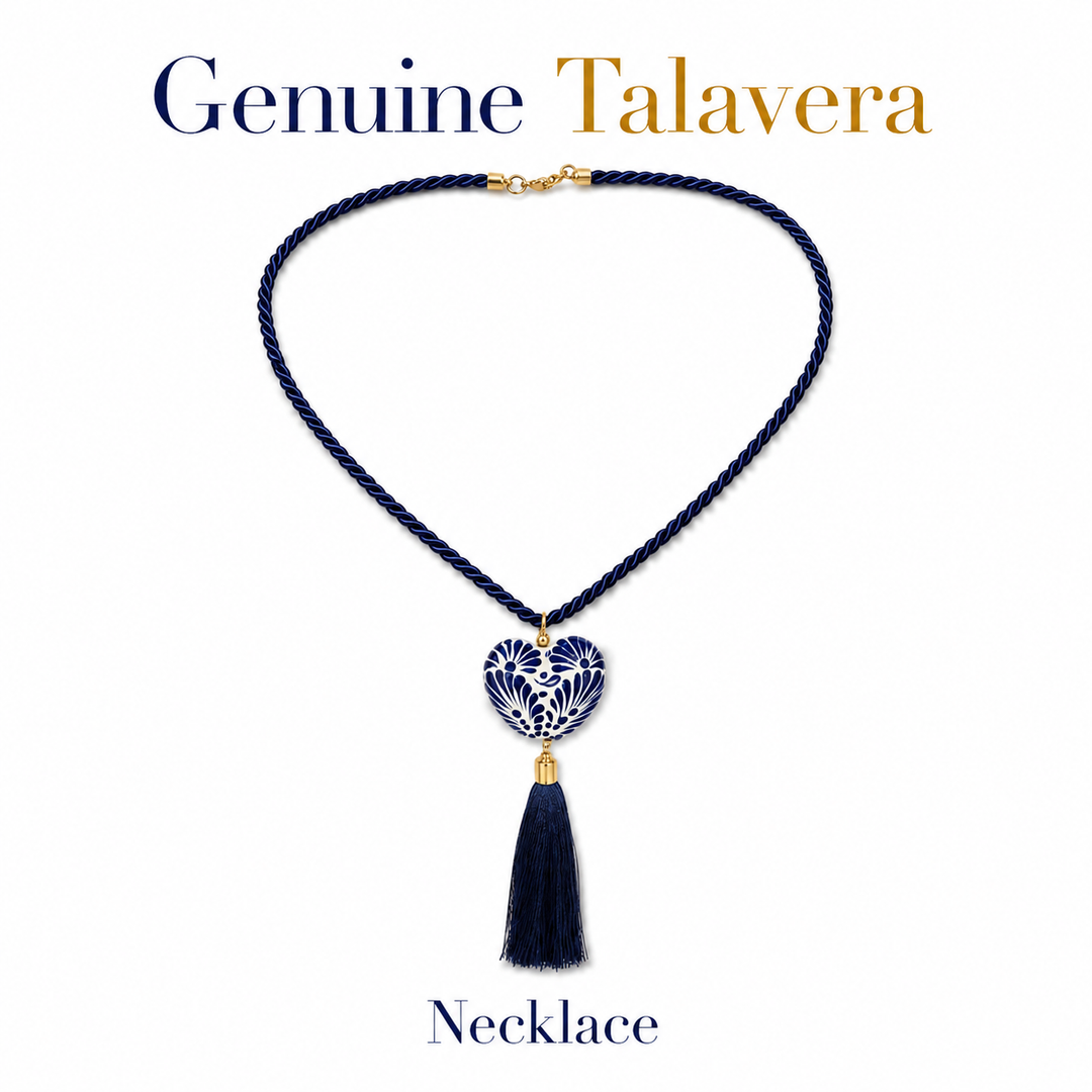 Genuine Talavera heart necklace with blue and white ceramic pendant, navy tassel, and twisted cord by Bootsologie